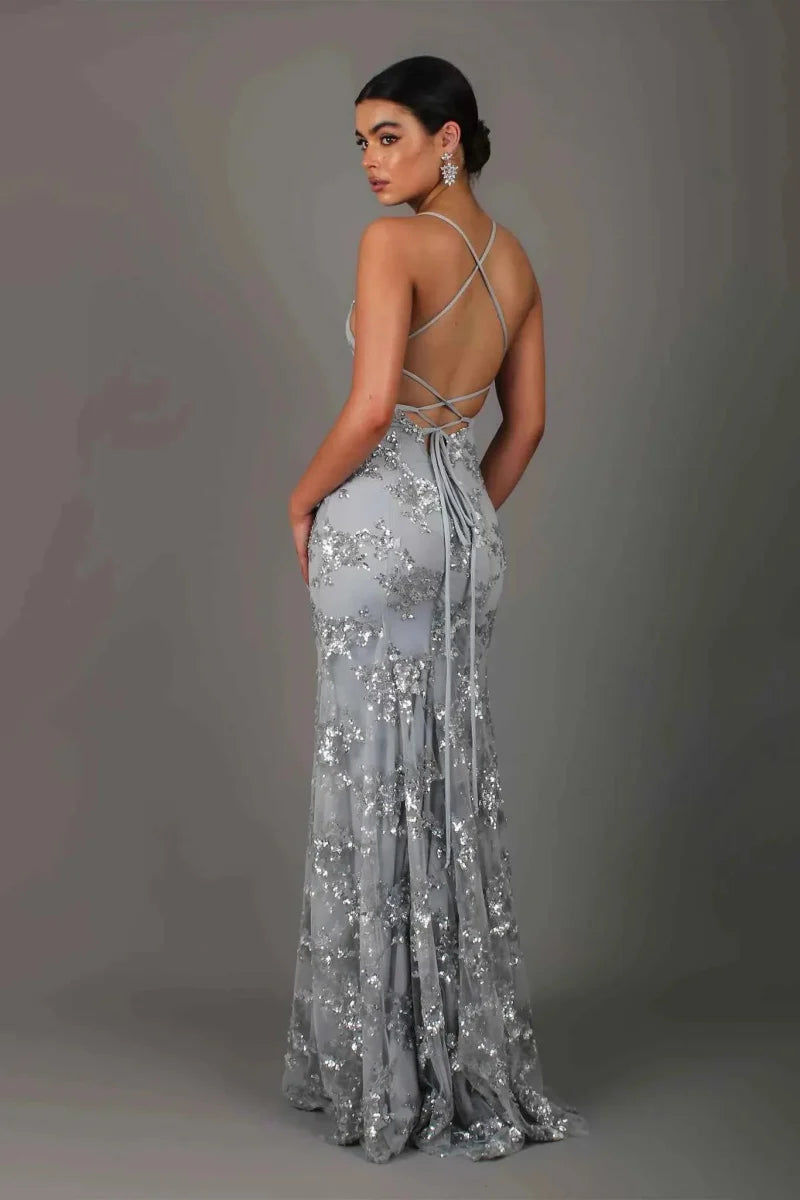 Floor-length evening gown with sequin embroidery, low back and spaghetti straps