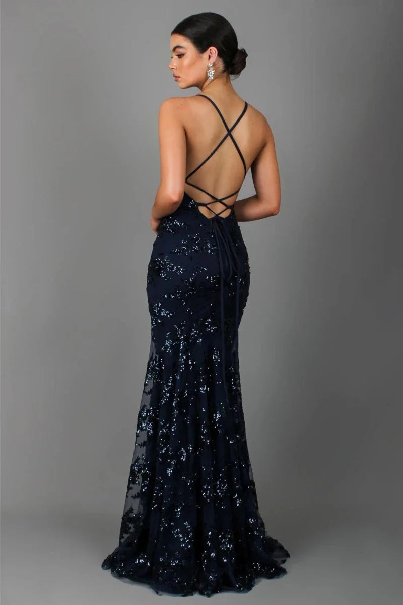 Floor-length evening gown with sequin embroidery, low back and spaghetti straps