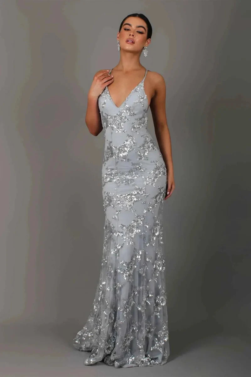 Floor-length evening gown with sequin embroidery, low back and spaghetti straps