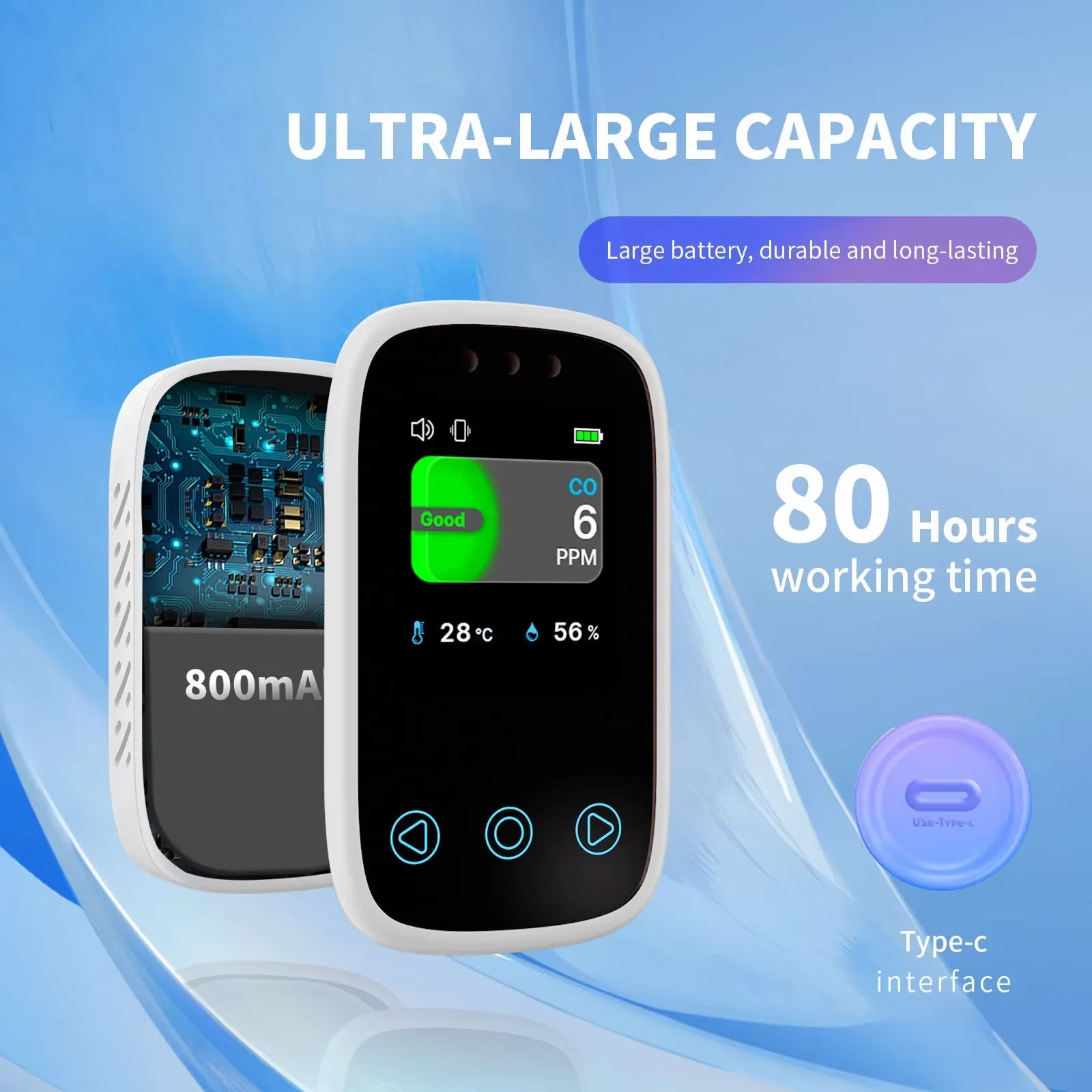 OxyyShield Portable Carbon Monoxide Detector - Best Professional Travel CO Alarm with Electrochemical Sensor - Real-Time Temp and Humidity Monitoring