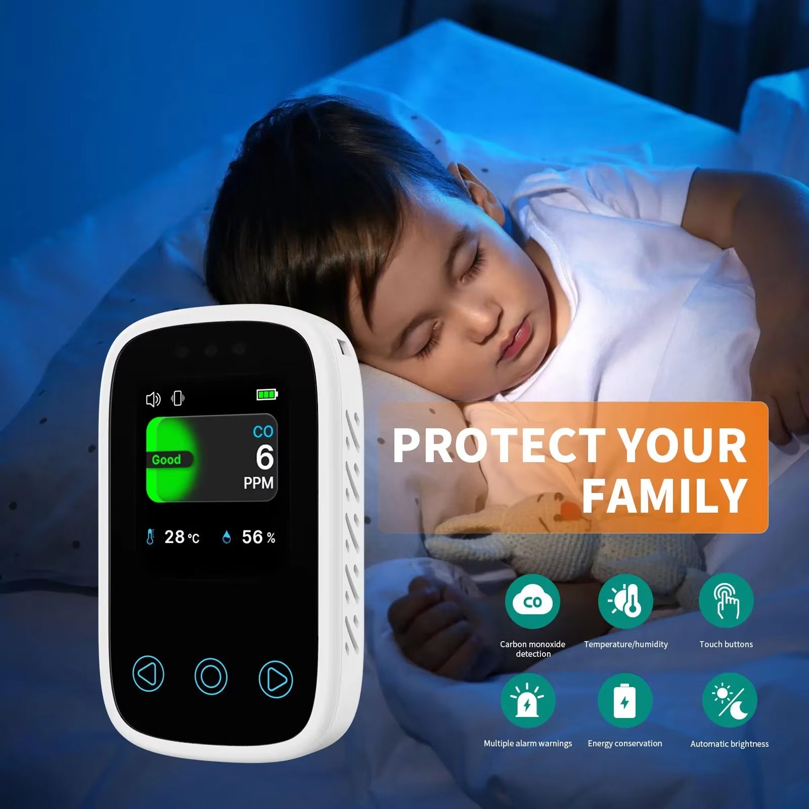 OxyyShield Portable Carbon Monoxide Detector - Best Professional Travel CO Alarm with Electrochemical Sensor - Real-Time Temp and Humidity Monitoring