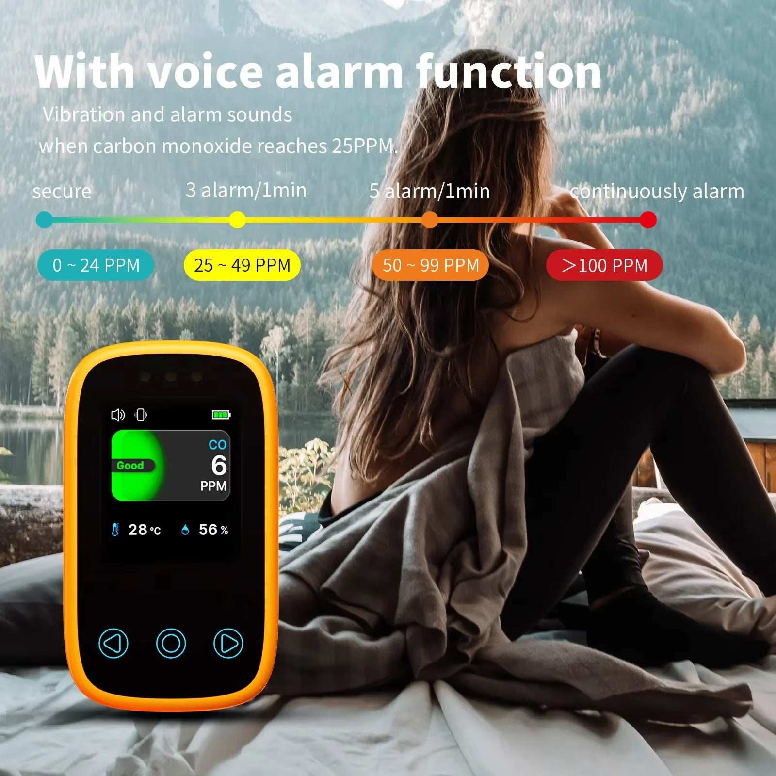 OxyyShield Portable Carbon Monoxide Detector - Best Professional Travel CO Alarm with Electrochemical Sensor - Real-Time Temp and Humidity Monitoring