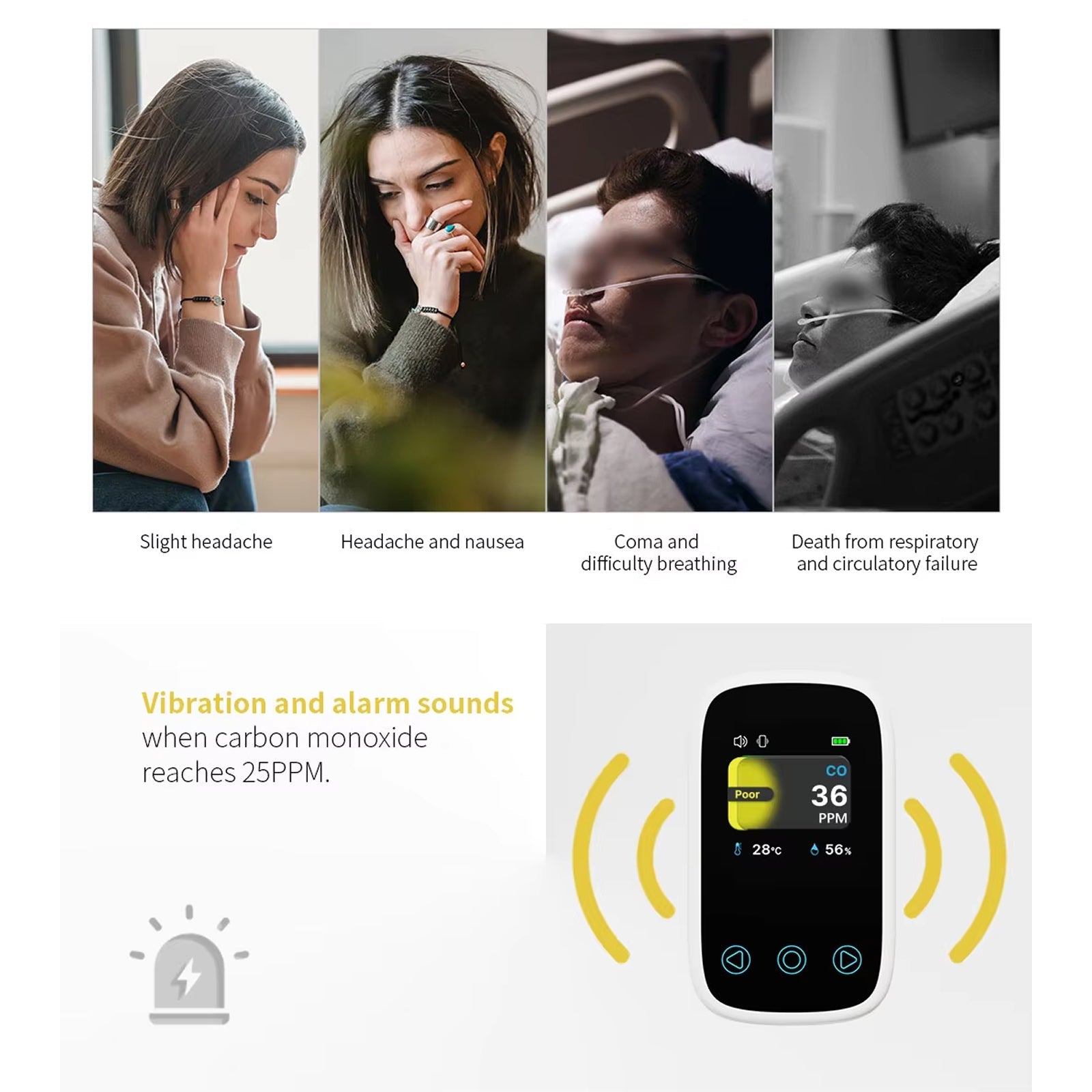 OxyyShield Portable Carbon Monoxide Detector - Best Professional Travel CO Alarm with Electrochemical Sensor - Real-Time Temp and Humidity Monitoring