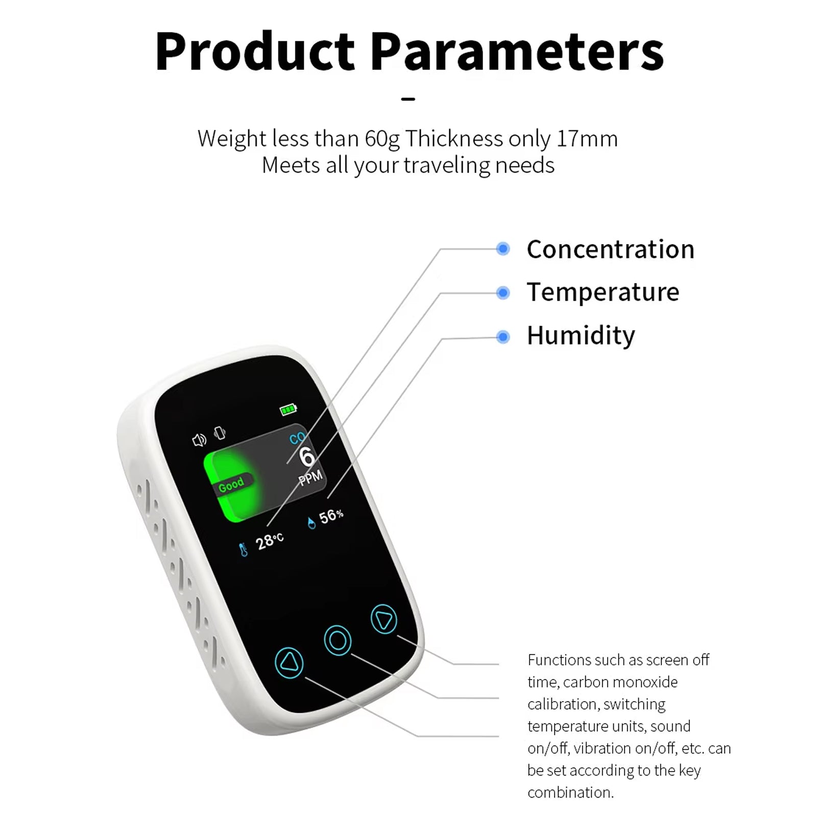 OxyyShield Portable Carbon Monoxide Detector - Best Professional Travel CO Alarm with Electrochemical Sensor - Real-Time Temp and Humidity Monitoring