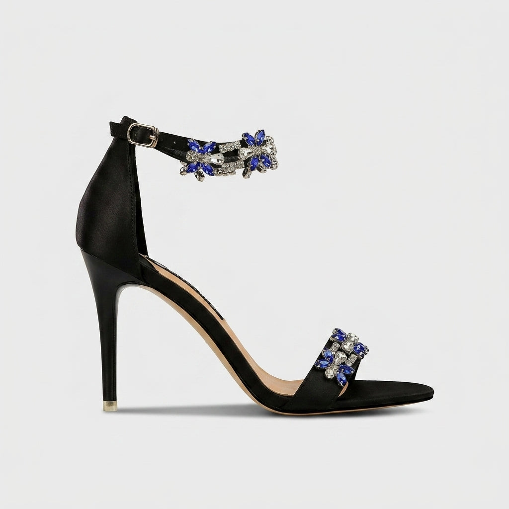 Women's Embellished Crystal Satin Strappy Stiletto Sandals - High Heel