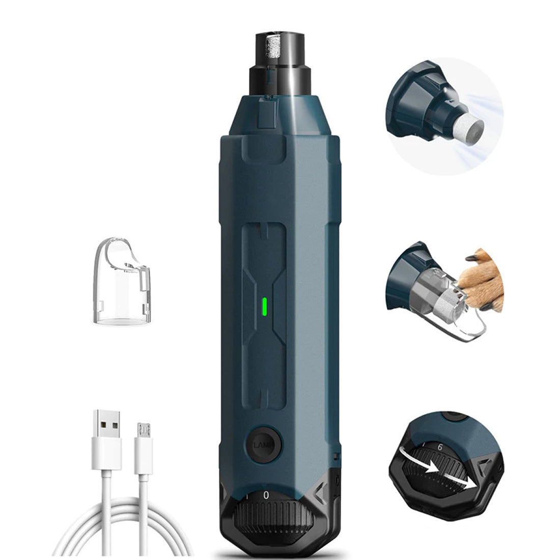 PawyZie Professional Pet Nail Grinder - Dual LED Lighting for Better Vision, Ultra-Quiet Rechargeable Dog Nail Filer with Diamond Bit, 6-Speed