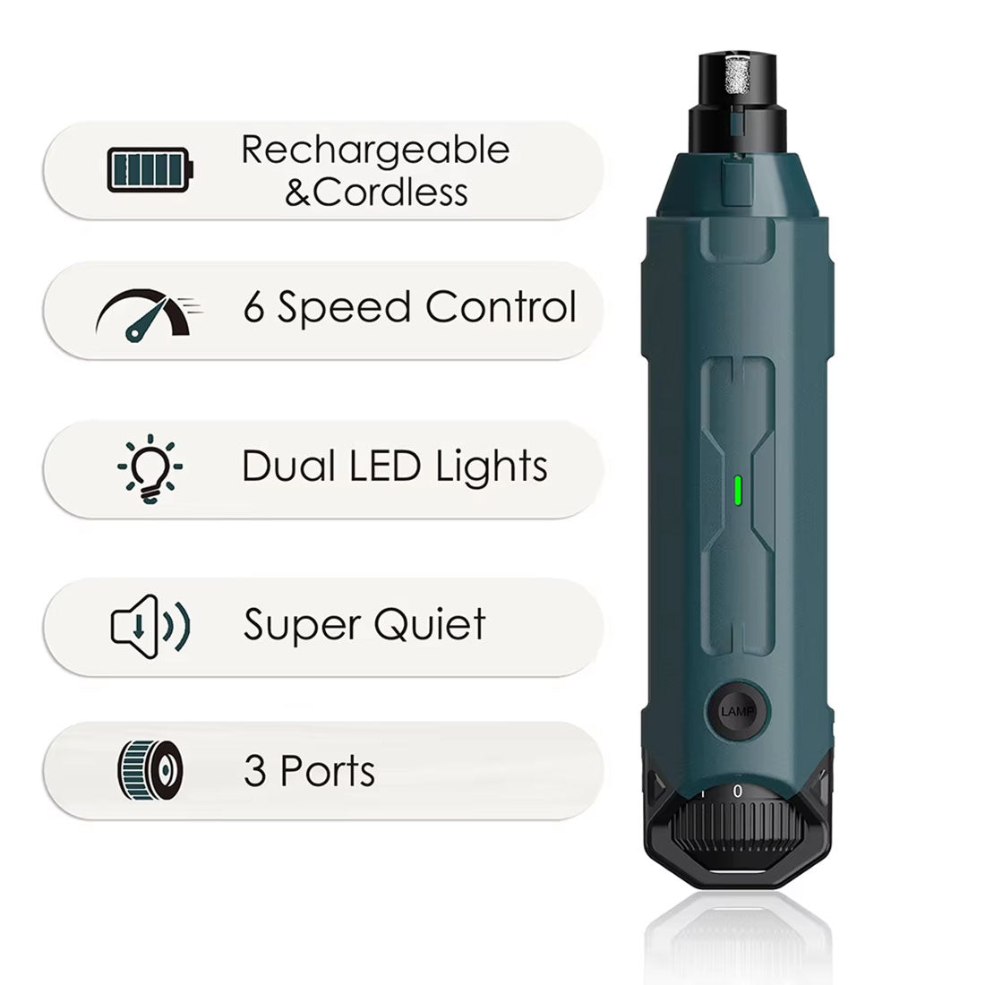 PawyZie Professional Pet Nail Grinder - Dual LED Lighting for Better Vision, Ultra-Quiet Rechargeable Dog Nail Filer with Diamond Bit, 6-Speed
