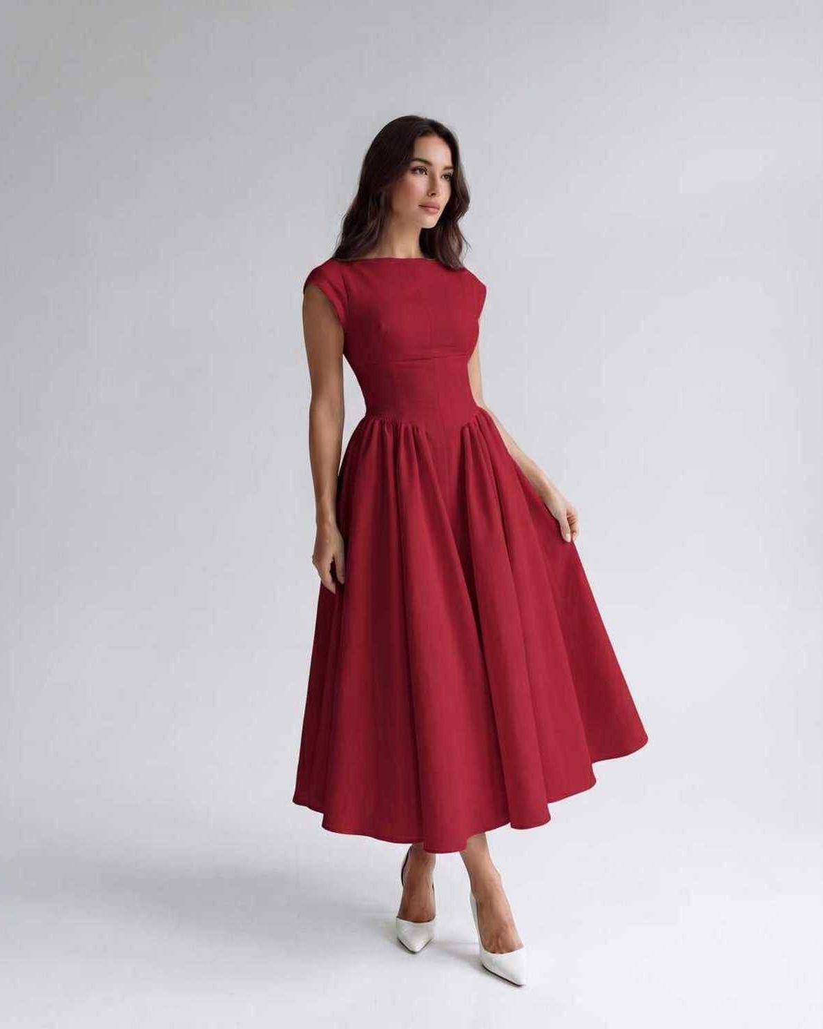 Women’s Sleeveless Boat Neck Cocktail Midi Dress