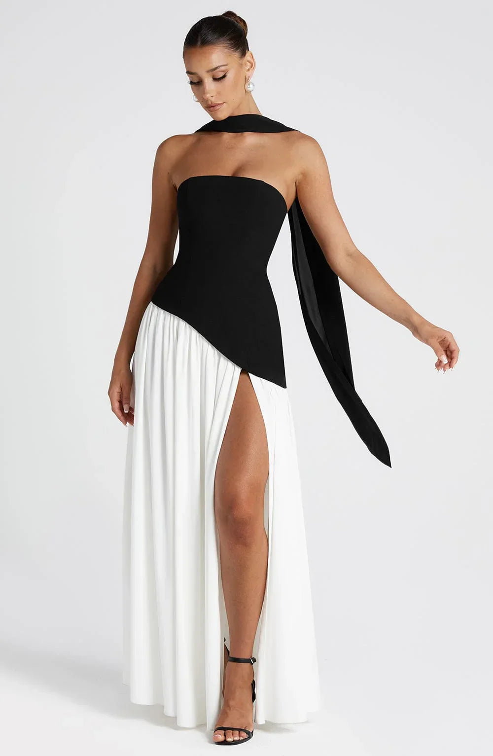 Long strapless corset dress with scarf detail and high slit