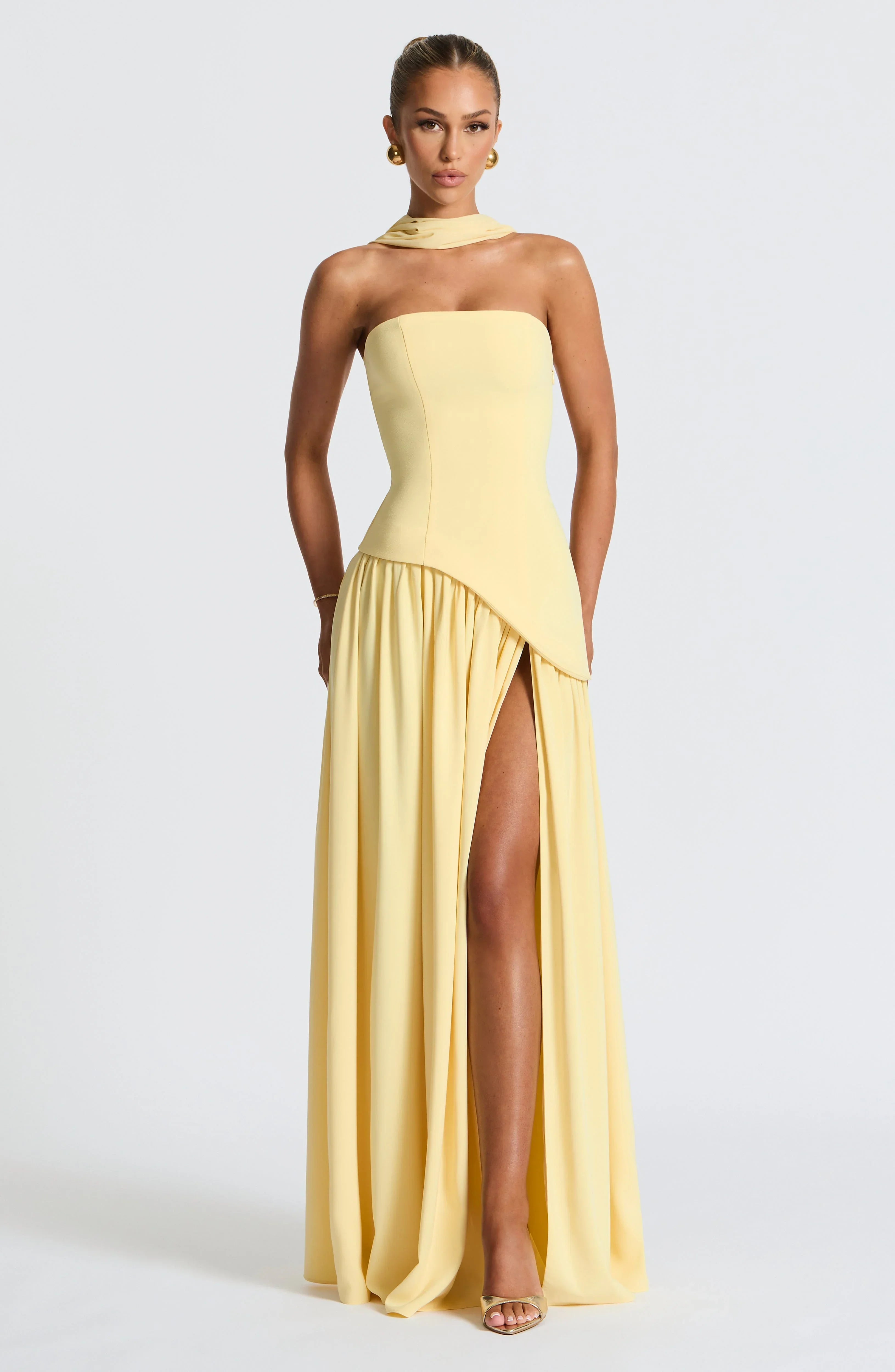 Long strapless corset dress with scarf detail and high slit