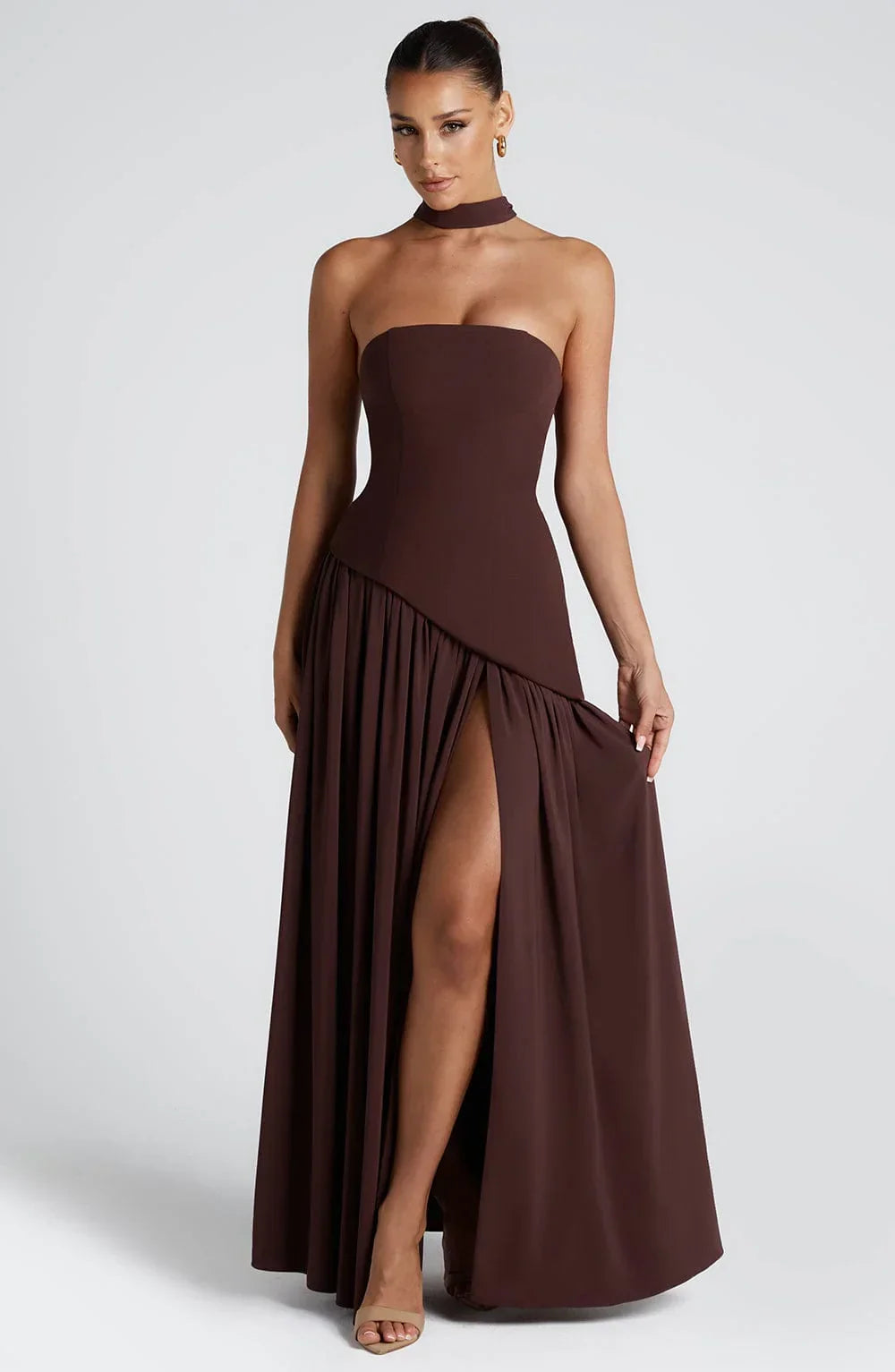 Long strapless corset dress with scarf detail and high slit