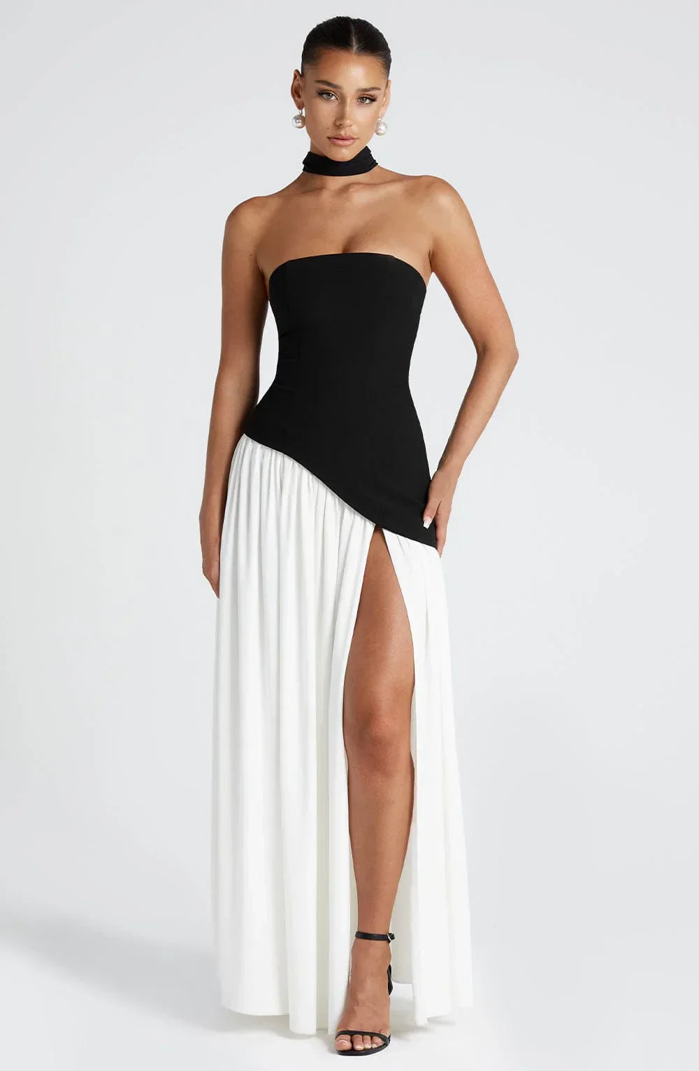 Long strapless corset dress with scarf detail and high slit