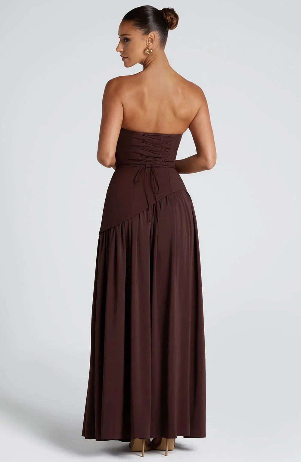 Long strapless corset dress with scarf detail and high slit