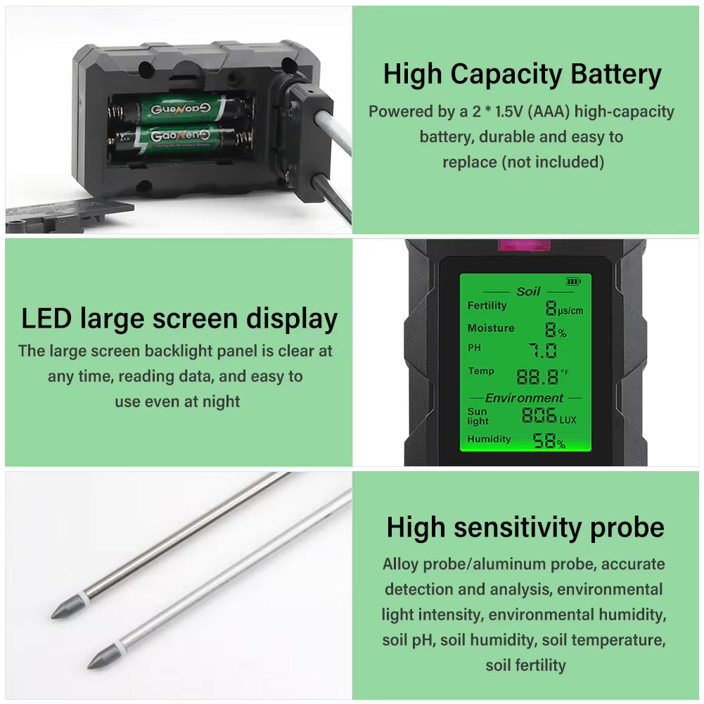 Rootabest Soil PH Tester | 6-In-1 Testing | Digital LED Display | Sensitive Probes | Plant Recommendations
