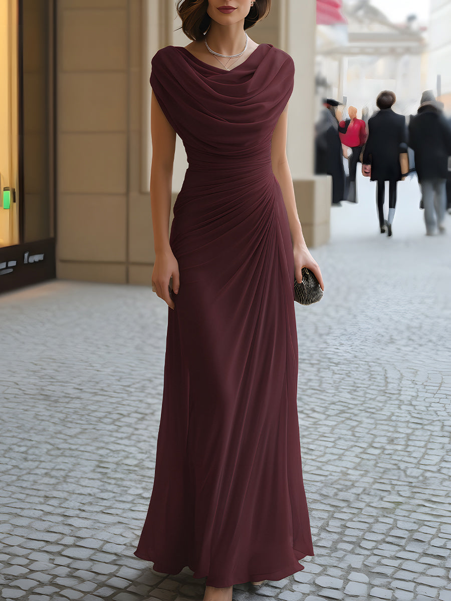 Ruched Cowl Neck Maxi Dress - Sleeveless Elegant Formal Occasion Dress for Women