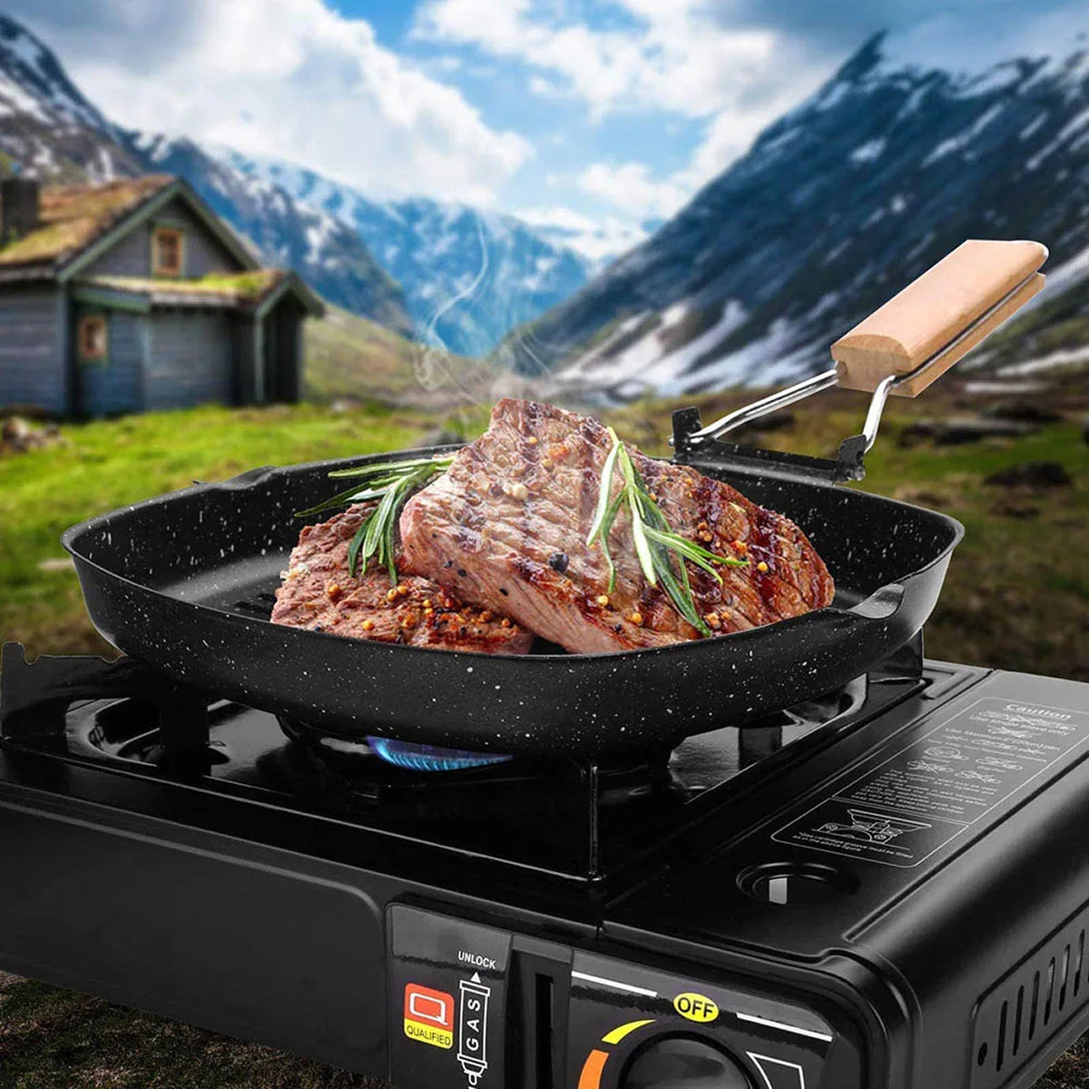 SeariMate Nonstick Grill Pan - Carbon Steel Folding Wood Handle Skillet - Wave Bottom Camping Induction Griddle Outdoor Cookware