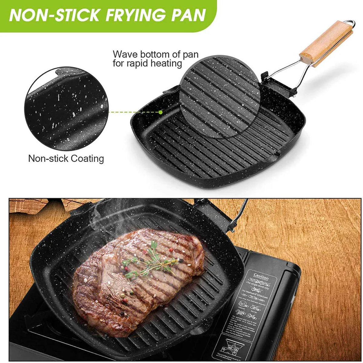 SeariMate Nonstick Grill Pan - Carbon Steel Folding Wood Handle Skillet - Wave Bottom Camping Induction Griddle Outdoor Cookware
