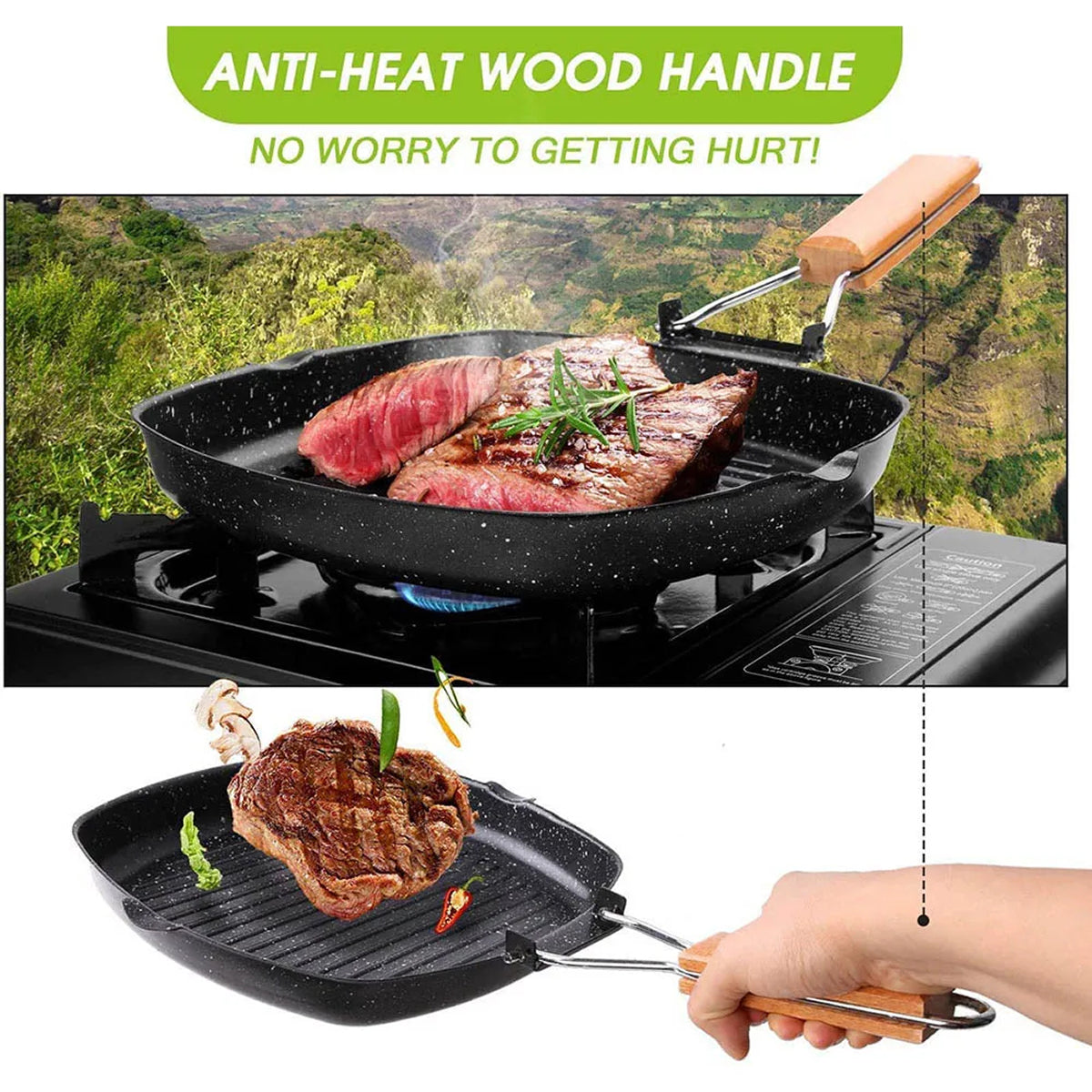 SeariMate Nonstick Grill Pan - Carbon Steel Folding Wood Handle Skillet - Wave Bottom Camping Induction Griddle Outdoor Cookware
