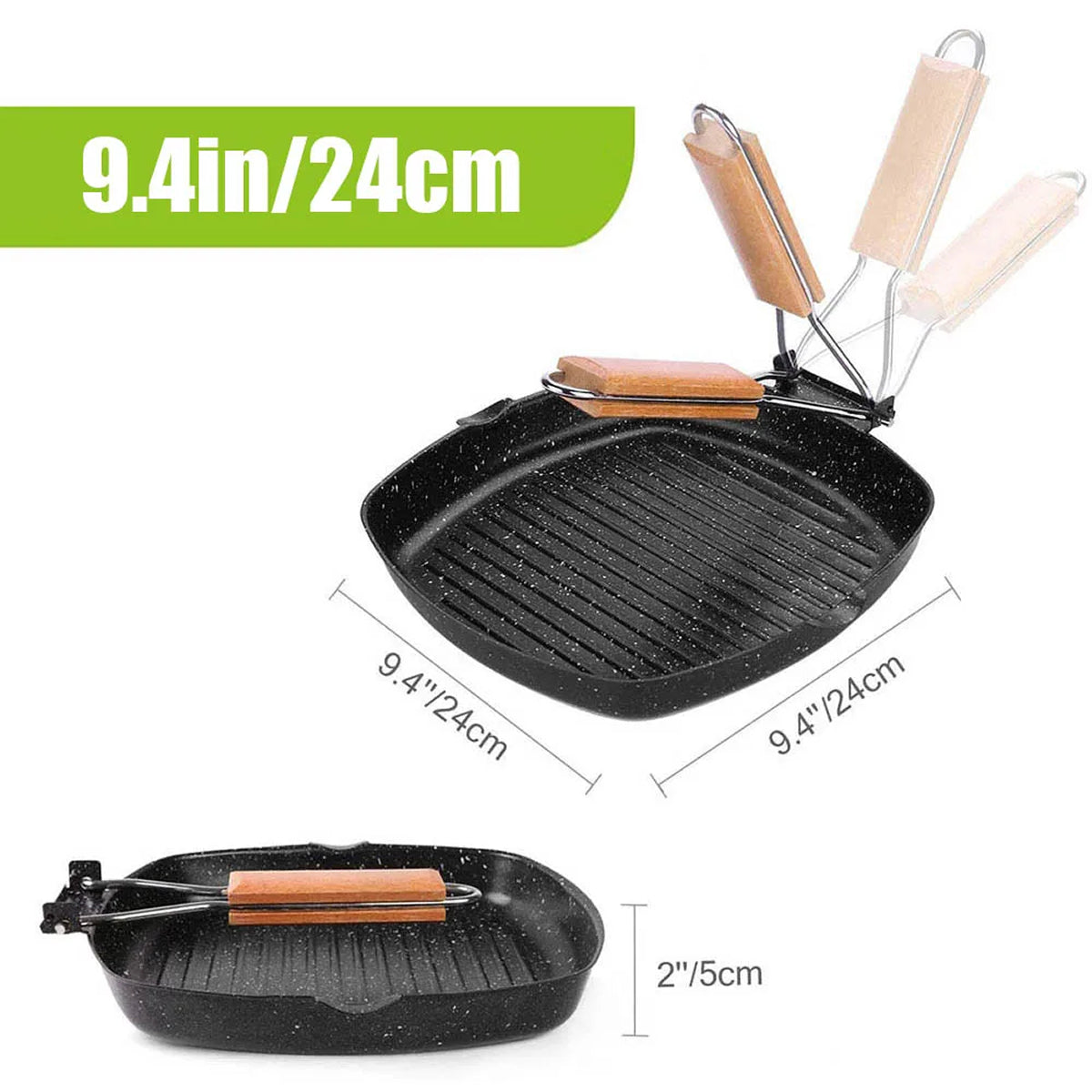 SeariMate Nonstick Grill Pan - Carbon Steel Folding Wood Handle Skillet - Wave Bottom Camping Induction Griddle Outdoor Cookware