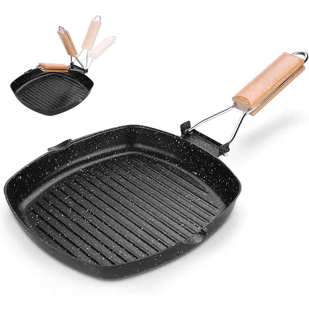 SeariMate Nonstick Grill Pan - Carbon Steel Folding Wood Handle Skillet - Wave Bottom Camping Induction Griddle Outdoor Cookware