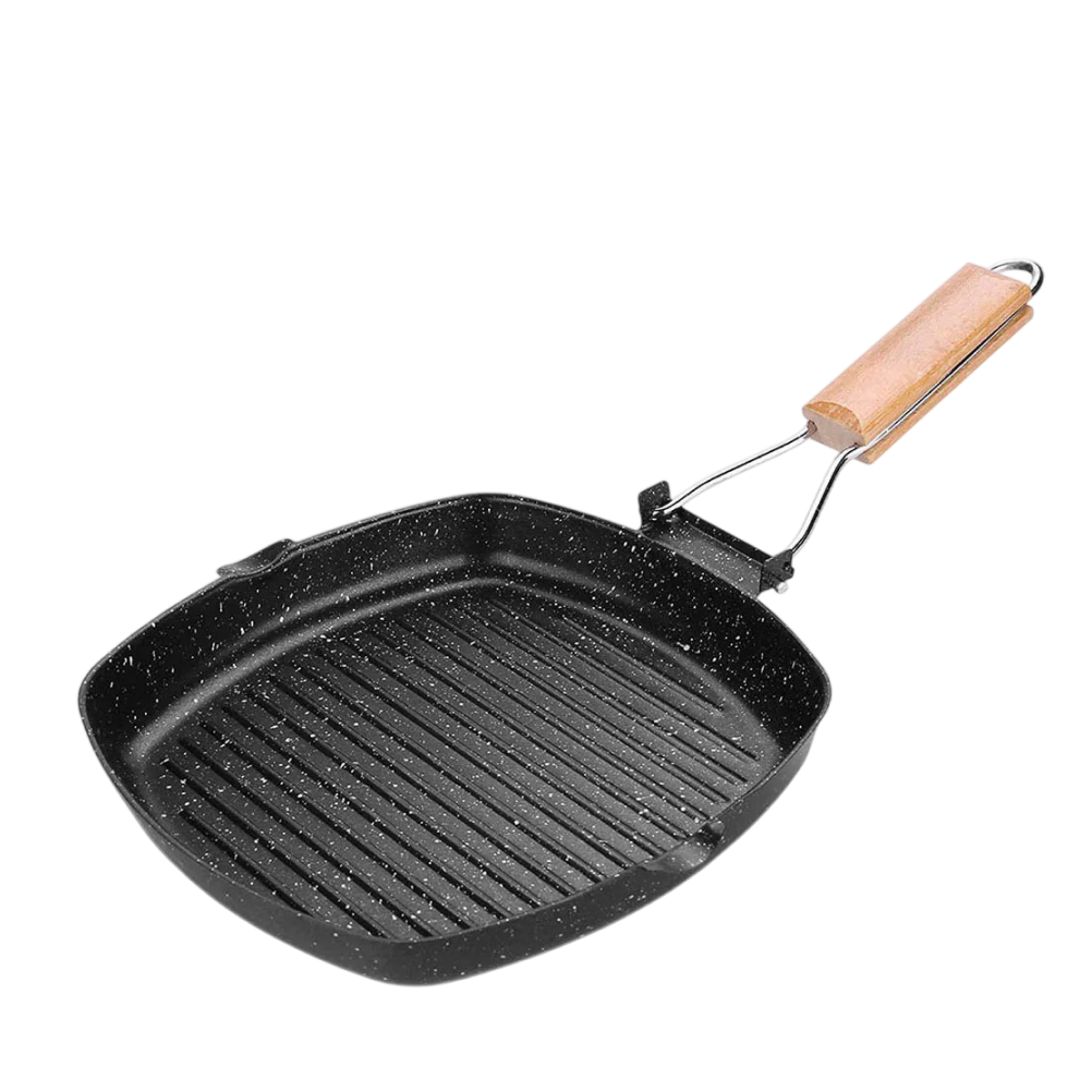 SeariMate Nonstick Grill Pan - Carbon Steel Folding Wood Handle Skillet - Wave Bottom Camping Induction Griddle Outdoor Cookware