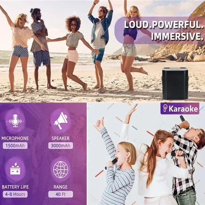 360° Sound Portable Karaoke Speaker System with Dual Wireless Microphones – Perfect for Indoor and Outdoor Parties
