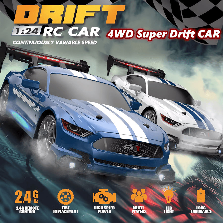 SkidFlux High-Speed RC Drift Car – 4WD Remote Control Sports Car with LED Lights & Interchangeable Tyres