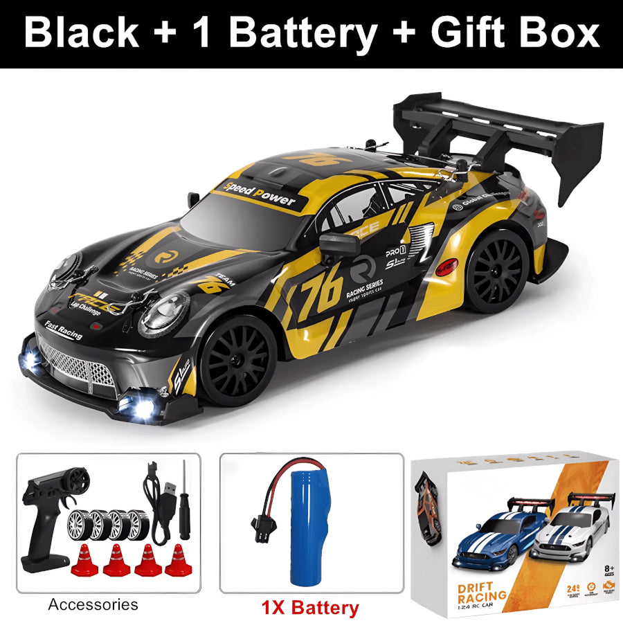 SkidFlux High-Speed RC Drift Car – 4WD Remote Control Sports Car with LED Lights & Interchangeable Tyres