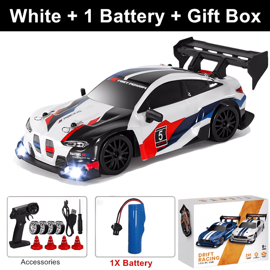 SkidFlux High-Speed RC Drift Car – 4WD Remote Control Sports Car with LED Lights & Interchangeable Tyres