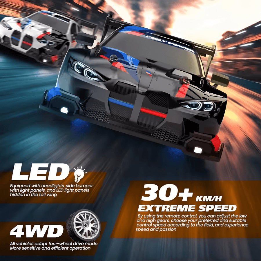 SkidFlux High-Speed RC Drift Car – 4WD Remote Control Sports Car with LED Lights & Interchangeable Tyres
