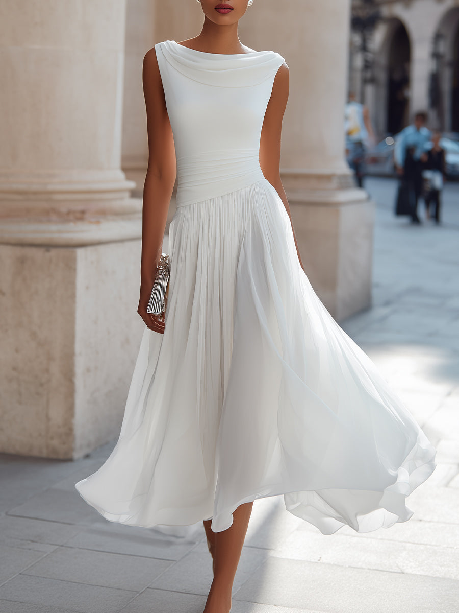 Sleeveless Pleated Midi Dress - Draped Cowl Neckline Formal Evening Dress for Women