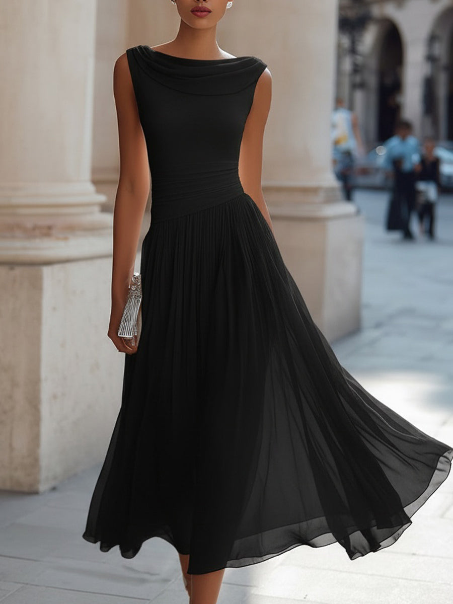 Sleeveless Pleated Midi Dress - Draped Cowl Neckline Formal Evening Dress for Women