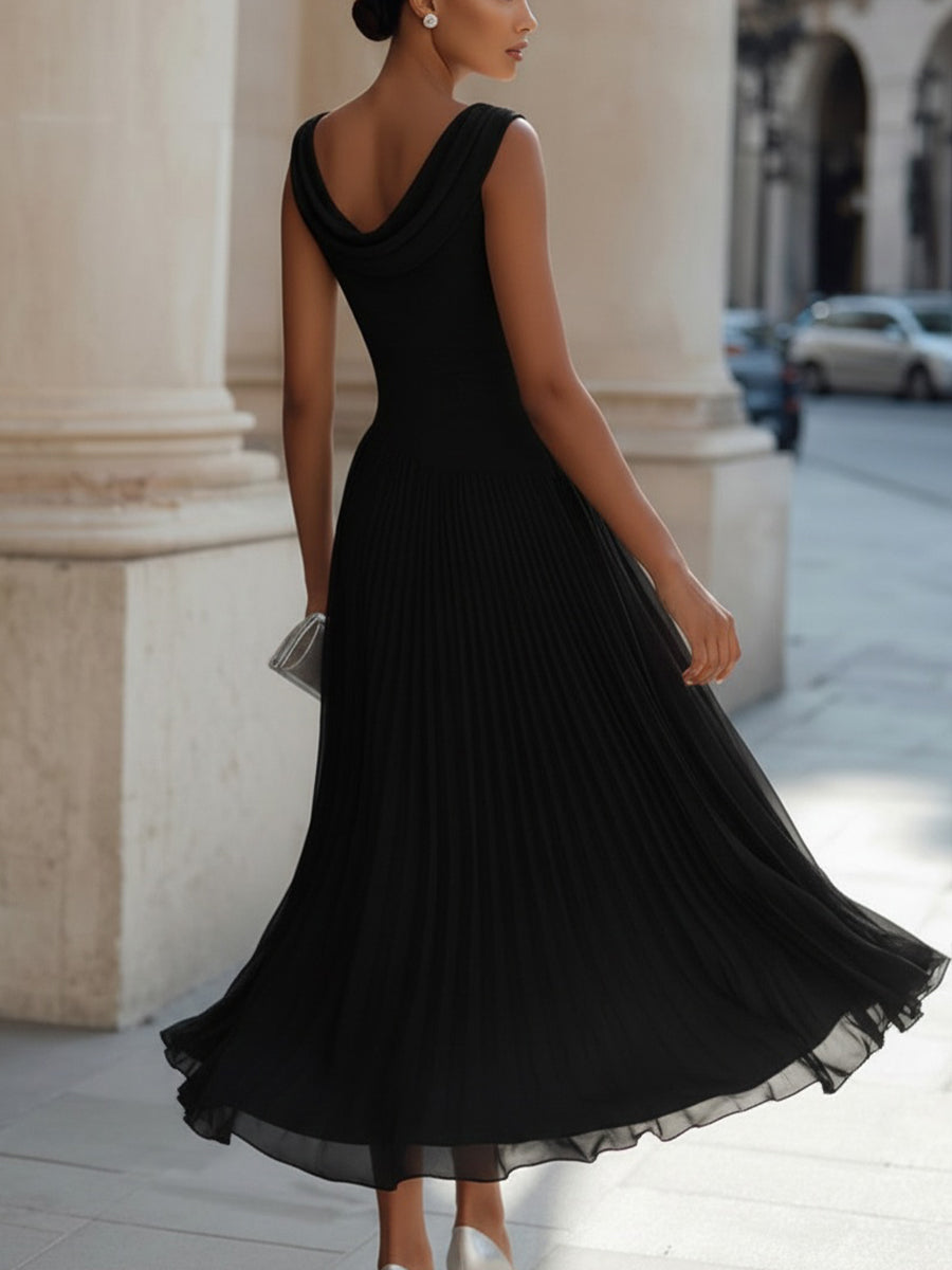Sleeveless Pleated Midi Dress - Draped Cowl Neckline Formal Evening Dress for Women
