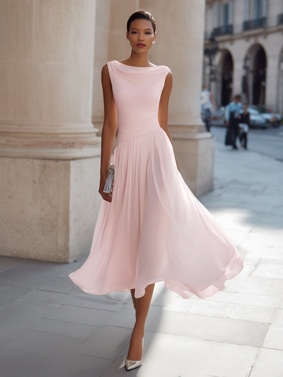 Sleeveless Pleated Midi Dress - Draped Cowl Neckline Formal Evening Dress for Women