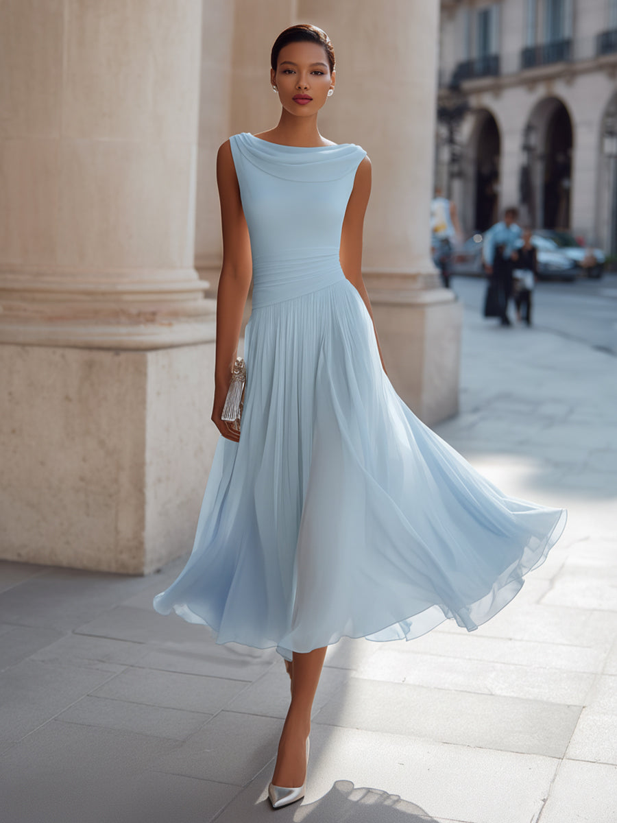 Sleeveless Pleated Midi Dress - Draped Cowl Neckline Formal Evening Dress for Women