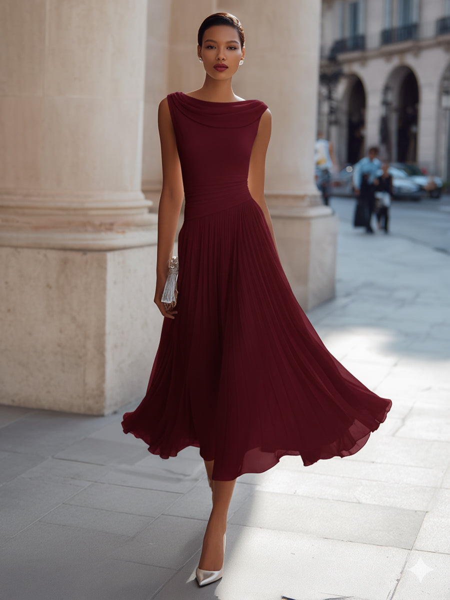 Sleeveless Pleated Midi Dress - Draped Cowl Neckline Formal Evening Dress for Women