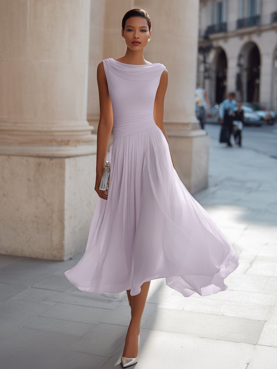 Sleeveless Pleated Midi Dress - Draped Cowl Neckline Formal Evening Dress for Women