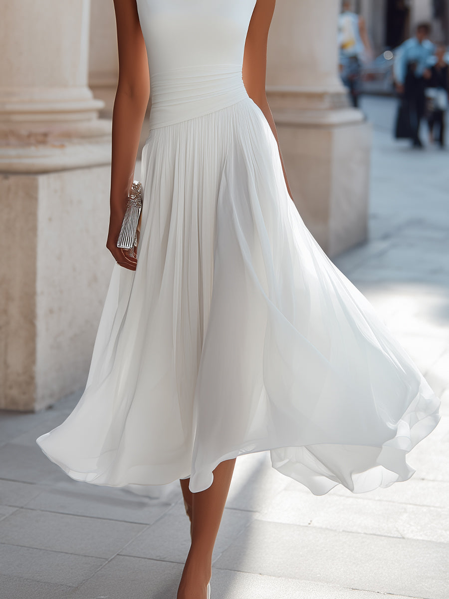Sleeveless Pleated Midi Dress - Draped Cowl Neckline Formal Evening Dress for Women