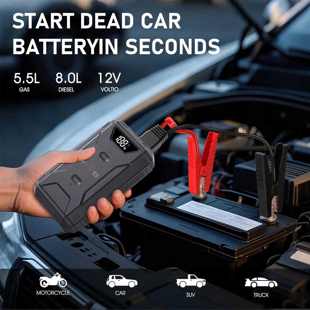 Startixus V2 Jump Starter | 5000A Peak Current | 21800mAh Power Bank | LED Flashlight | Weather Resistant