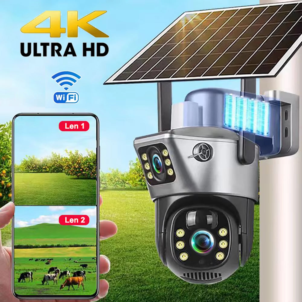 SuniXpert 4K Dual-Lens Solar Security Camera Outdoor, 10X Hybrid Zoom Wireless WiFi Camera with AI Human Tracking, Color Night Vision & IP67 Waterproof