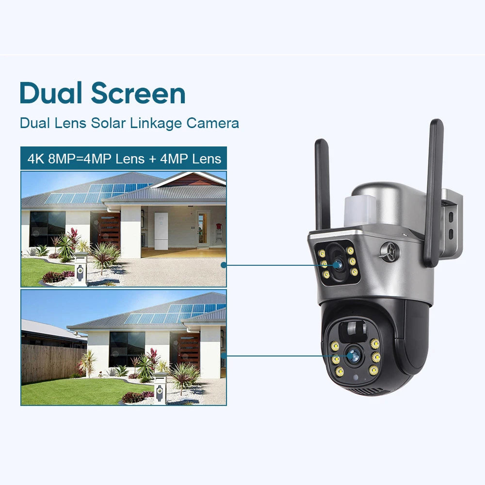 SuniXpert 4K Dual-Lens Solar Security Camera Outdoor, 10X Hybrid Zoom Wireless WiFi Camera with AI Human Tracking, Color Night Vision & IP67 Waterproof