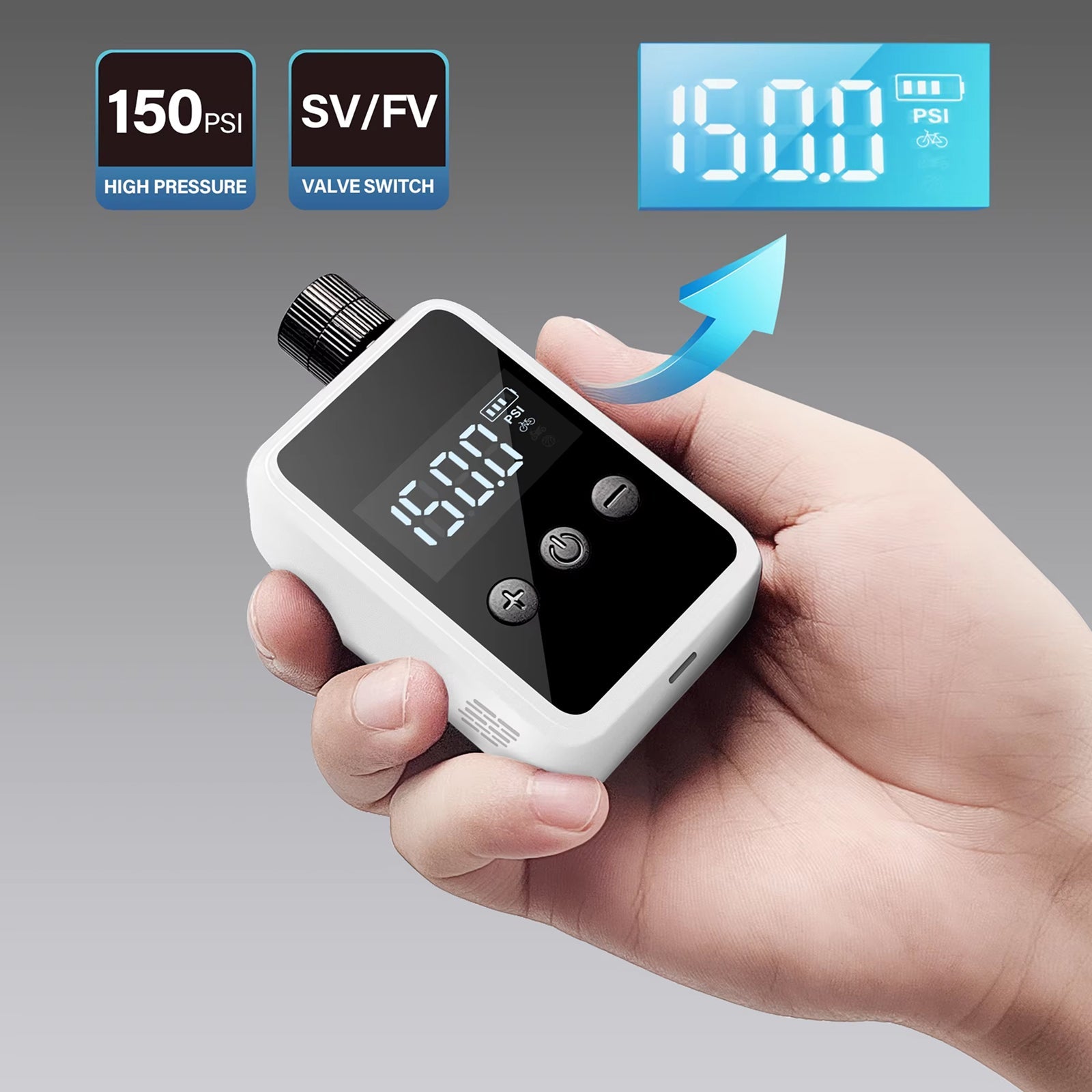Electric Bike Pump | 150 PSI Portable Inflator | Digital Pressure Display | Presta Schrader Nozzle | Type C