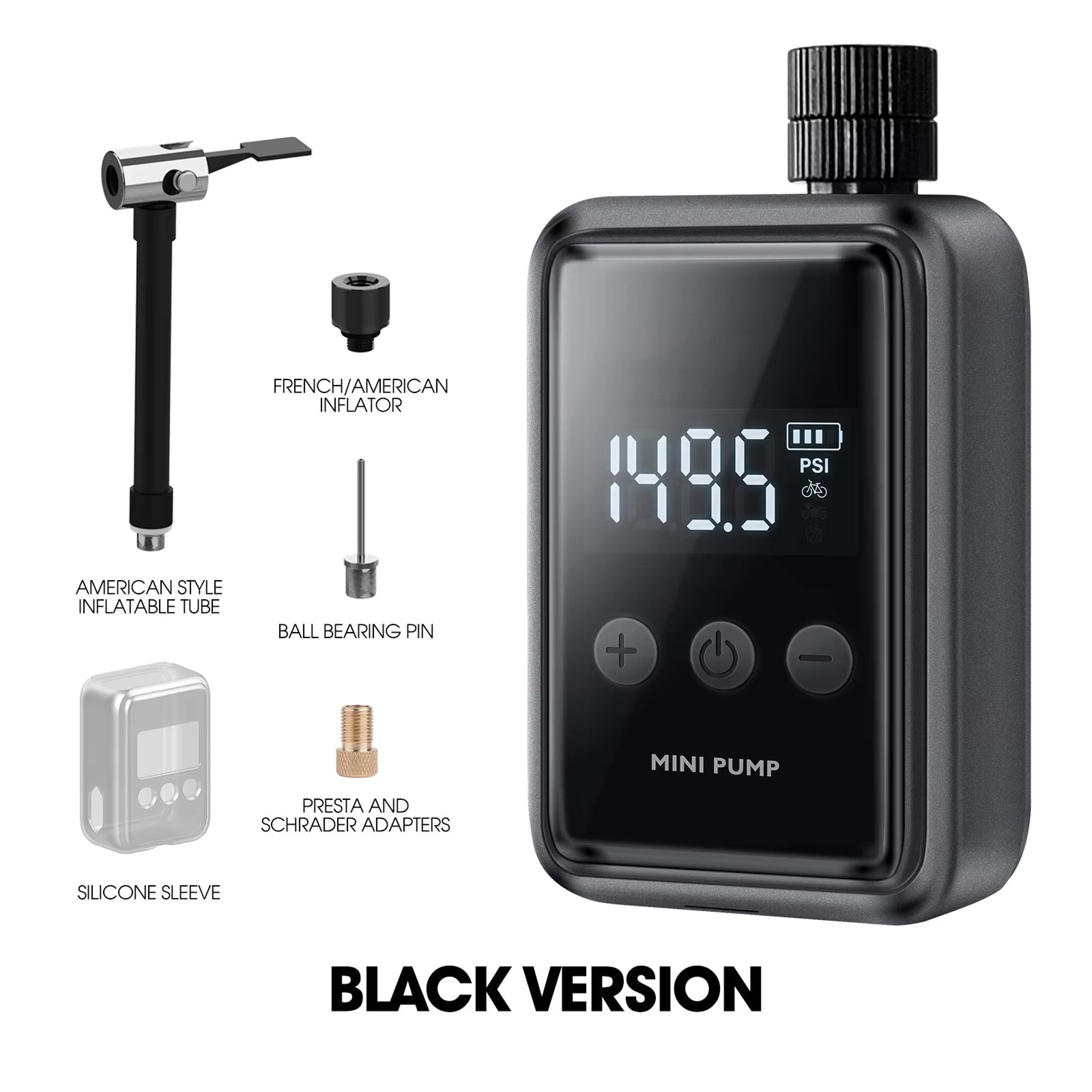 Electric Bike Pump | 150 PSI Portable Inflator | Digital Pressure Display | Presta Schrader Nozzle | Type C