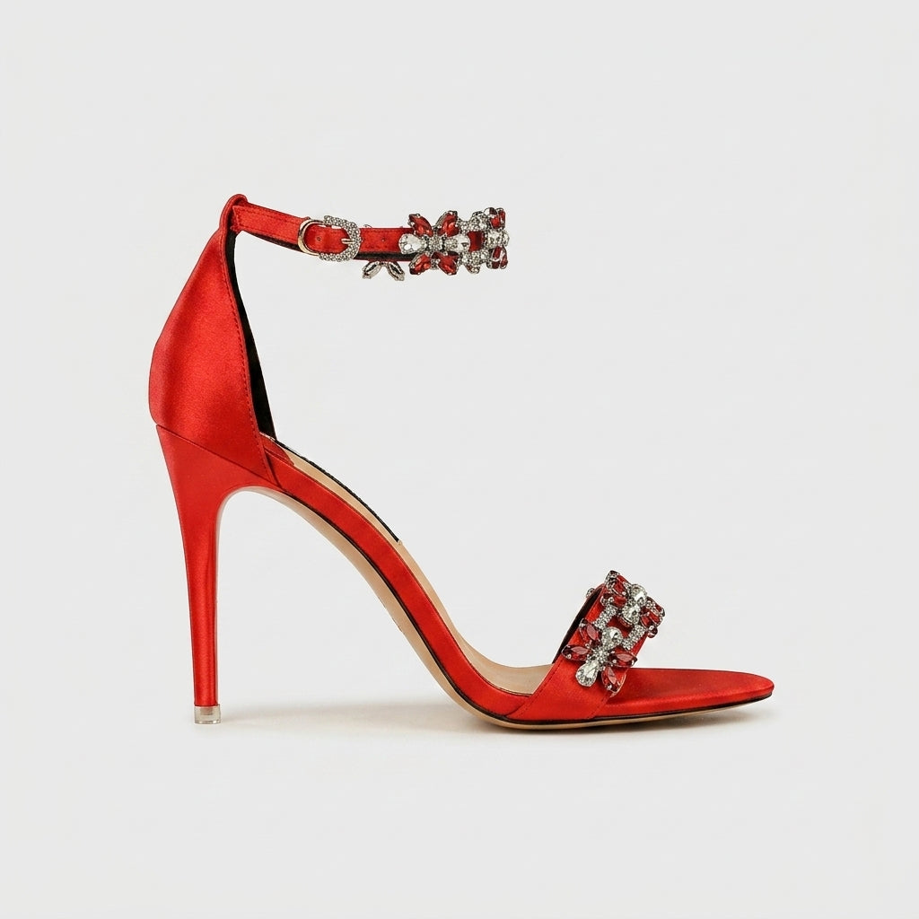 Women's Embellished Crystal Satin Strappy Stiletto Sandals - High Heel