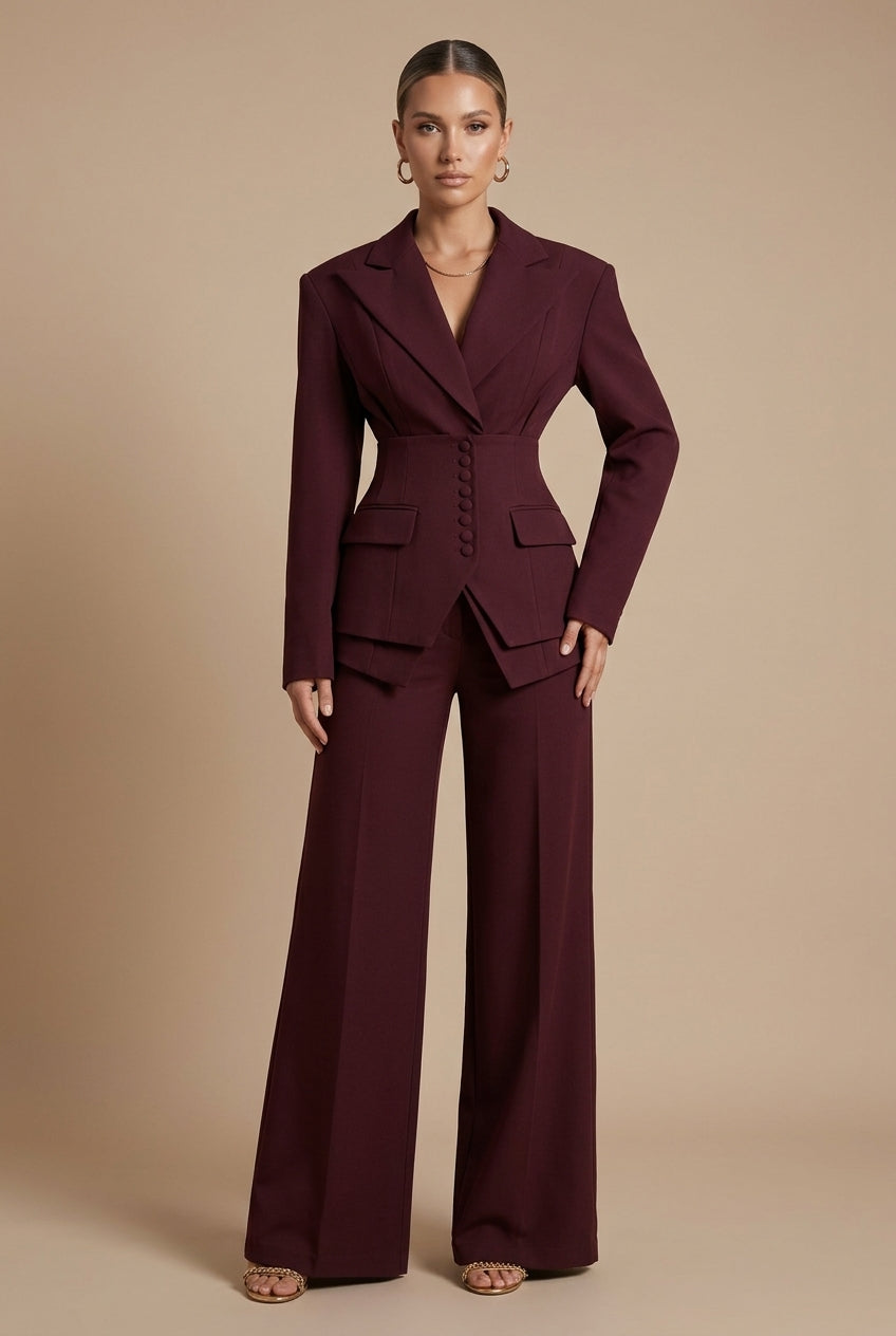 Women's Tailored Two Piece Suit - Peaked Lapel - Wide-Leg Trousers