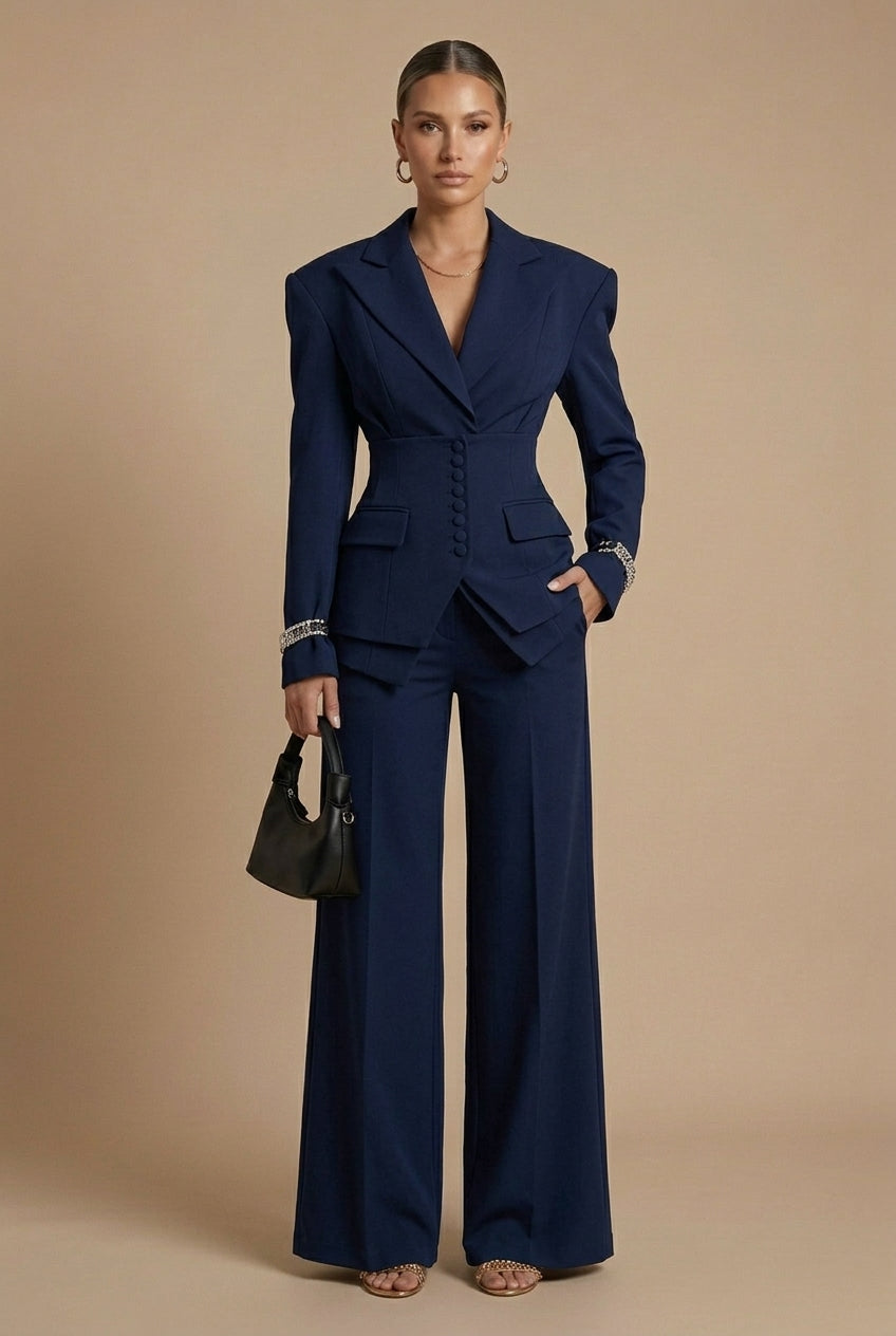Women's Tailored Two Piece Suit - Peaked Lapel - Wide-Leg Trousers