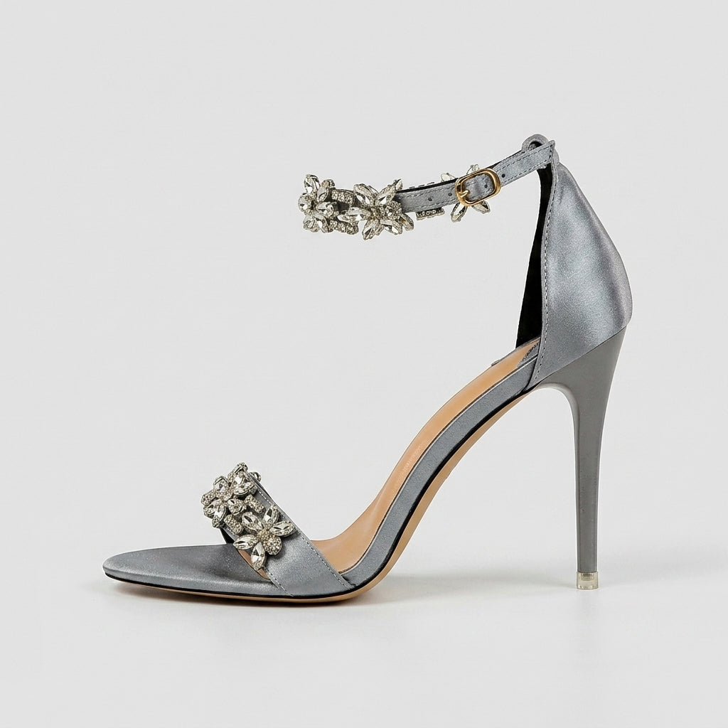 Women's Embellished Crystal Satin Strappy Stiletto Sandals - High Heel
