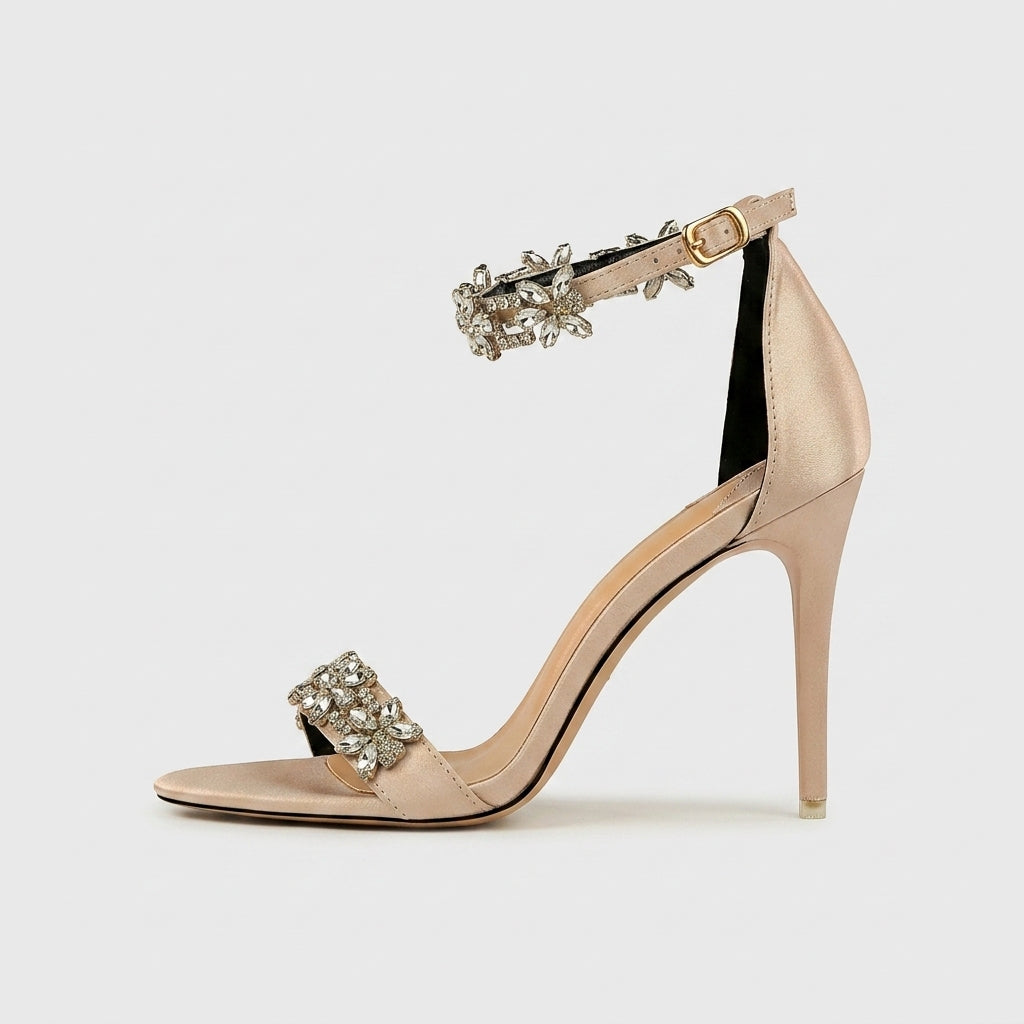 Women's Embellished Crystal Satin Strappy Stiletto Sandals - High Heel
