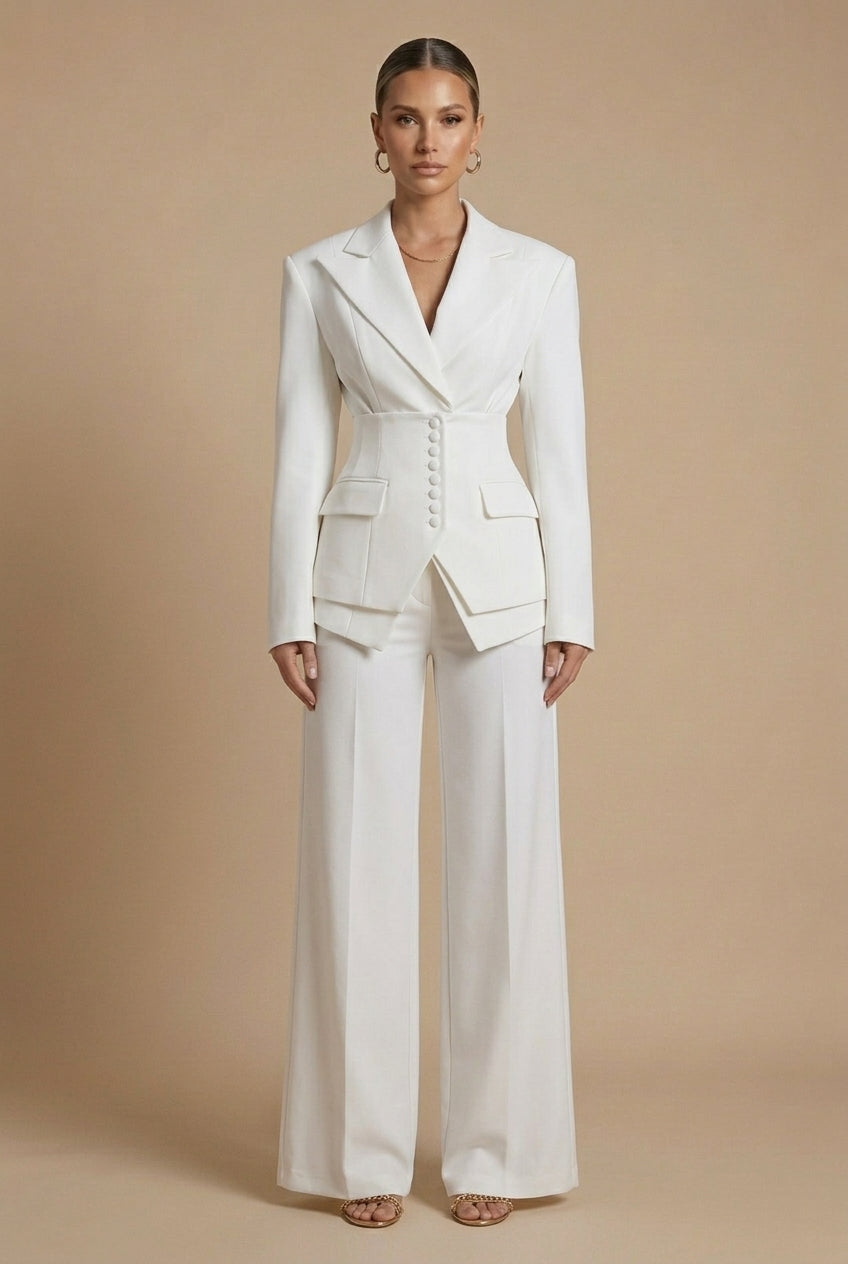 Women's Tailored Two Piece Suit - Peaked Lapel - Wide-Leg Trousers