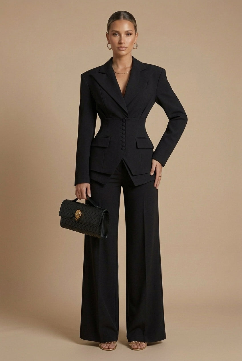Women's Tailored Two Piece Suit - Peaked Lapel - Wide-Leg Trousers